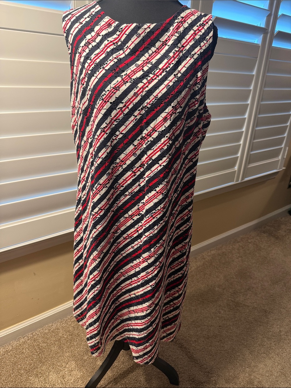 Tommy Hilfiger Sleeveless Midi Dress in Black, White & Red Diagonal Stripe